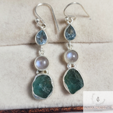 Raw Aquamarine, Blue Topaz Earring, Blue Fire Minimalist Dainty Earring, Rainbow Moonstone Dangle Earring, Gemstone jewelry, Gift for wife